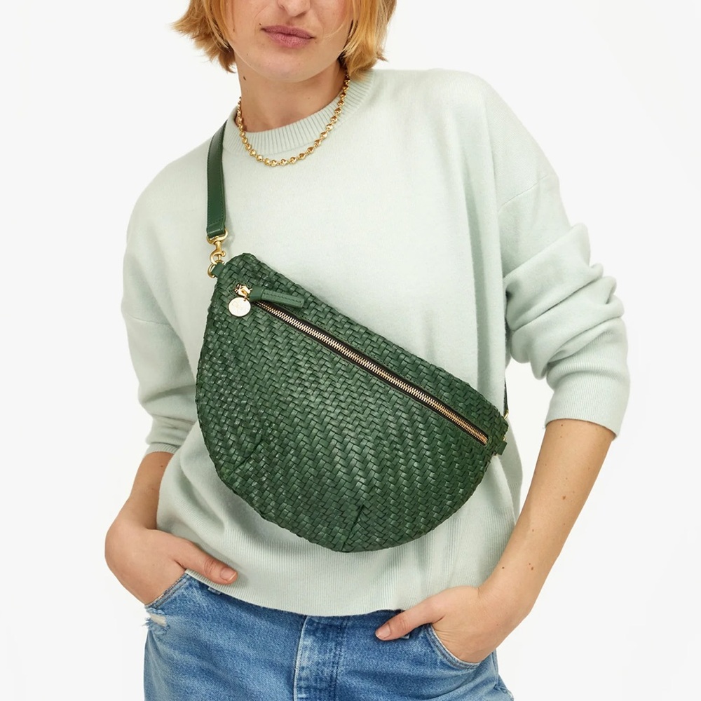 Clare V Grande Fanny Evergreen Crossbody Bag Green Adjustable Strap Woven